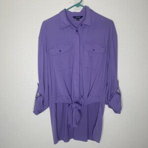 Lauren Ralph Lauren Top Womens XL Purple Button-Up Roll Tab Sleeves Tie-Front